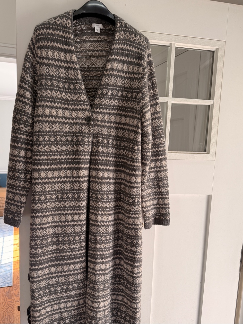 J. Jill Long Knit Cardigan in Gray and Cream Fair Isle